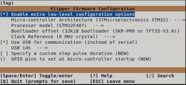 Klipper compilation config menu